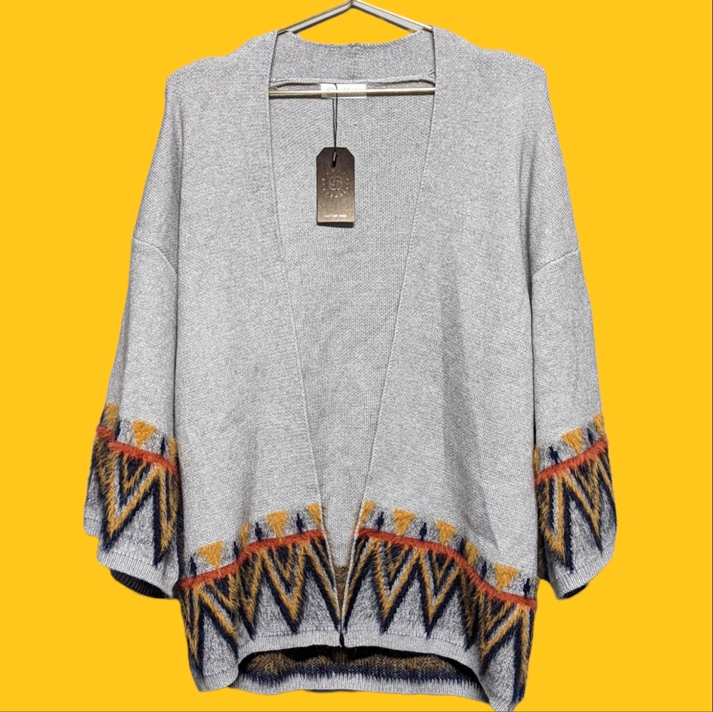 NWT Janice Apparel Knit Open Cardigan Sweater Faux Fur Aztec Trim Oversized M